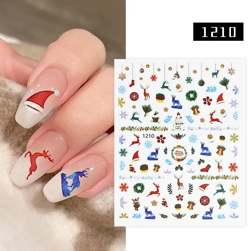 Color: BLACK WHITE - 1Pc Christmas Stickers Santa Claus Snowflake Decals Catoon Image Muti- Pattern New Year Halloween Nail Art Stickers for Manicure