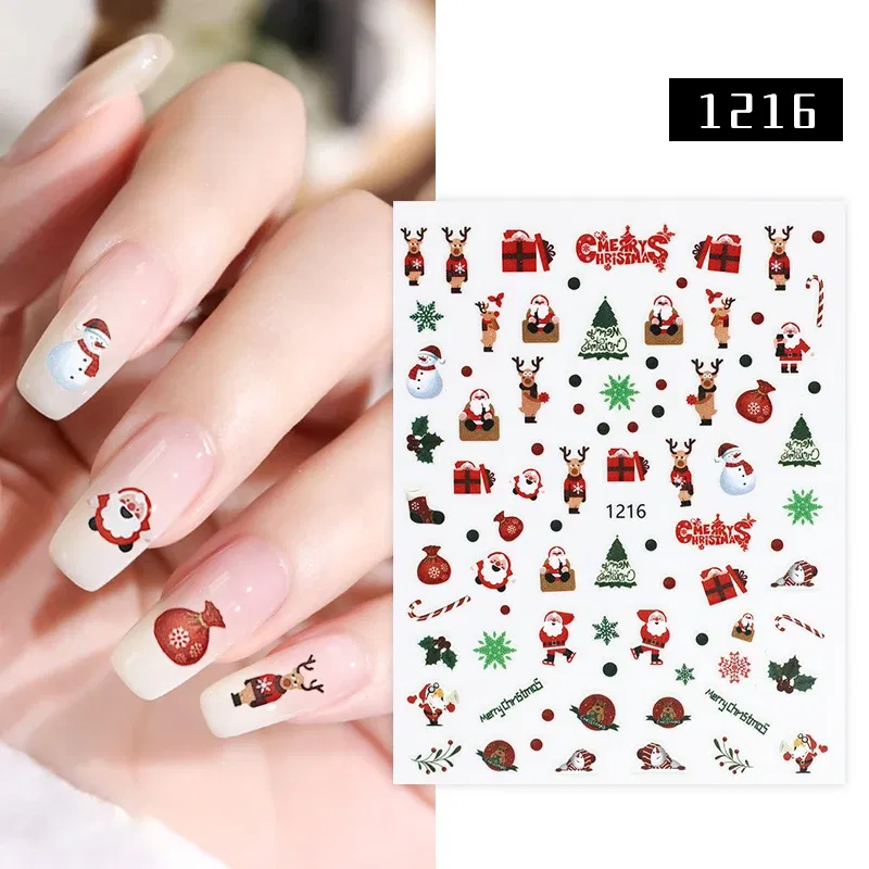 Color: BLACK WHITE - 1Pc Christmas Stickers Santa Claus Snowflake Decals Catoon Image Muti- Pattern New Year Halloween Nail Art Stickers for Manicure