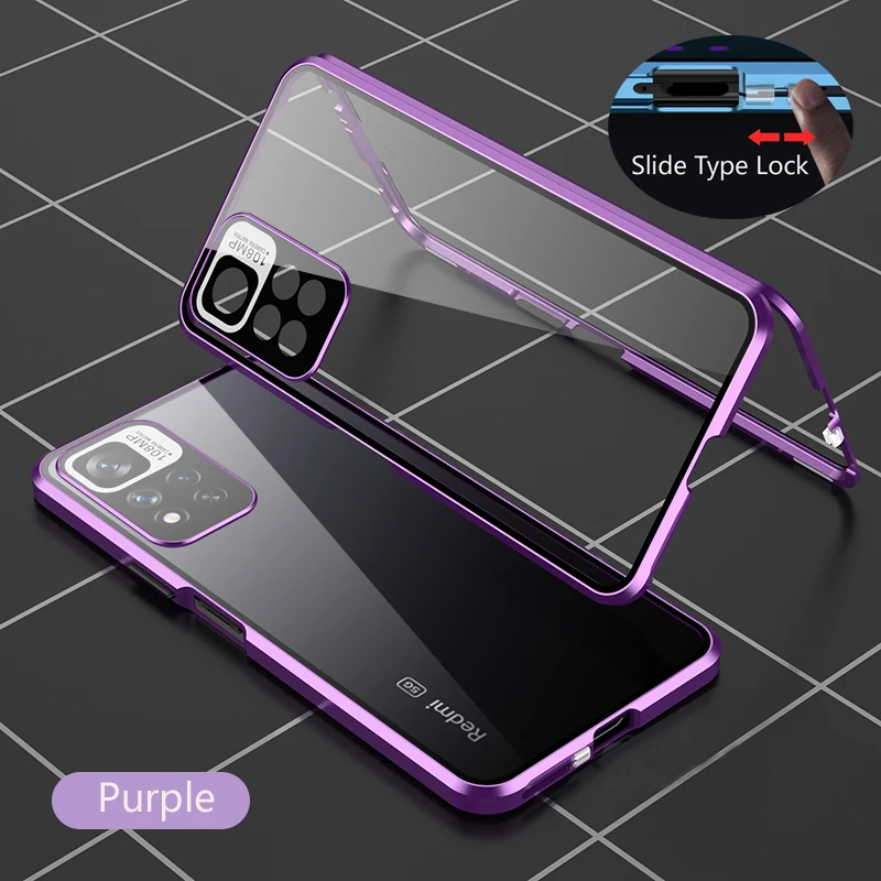 Color: Silver, Bundle: Case & Screen Protector, Material: CANVAS - Full Protection Case Metal Magnetic Double Sided Glass Snap Lock Case For XiaoMi Redmi Note 13 Pro Plus 5G Bumper Phone Cover