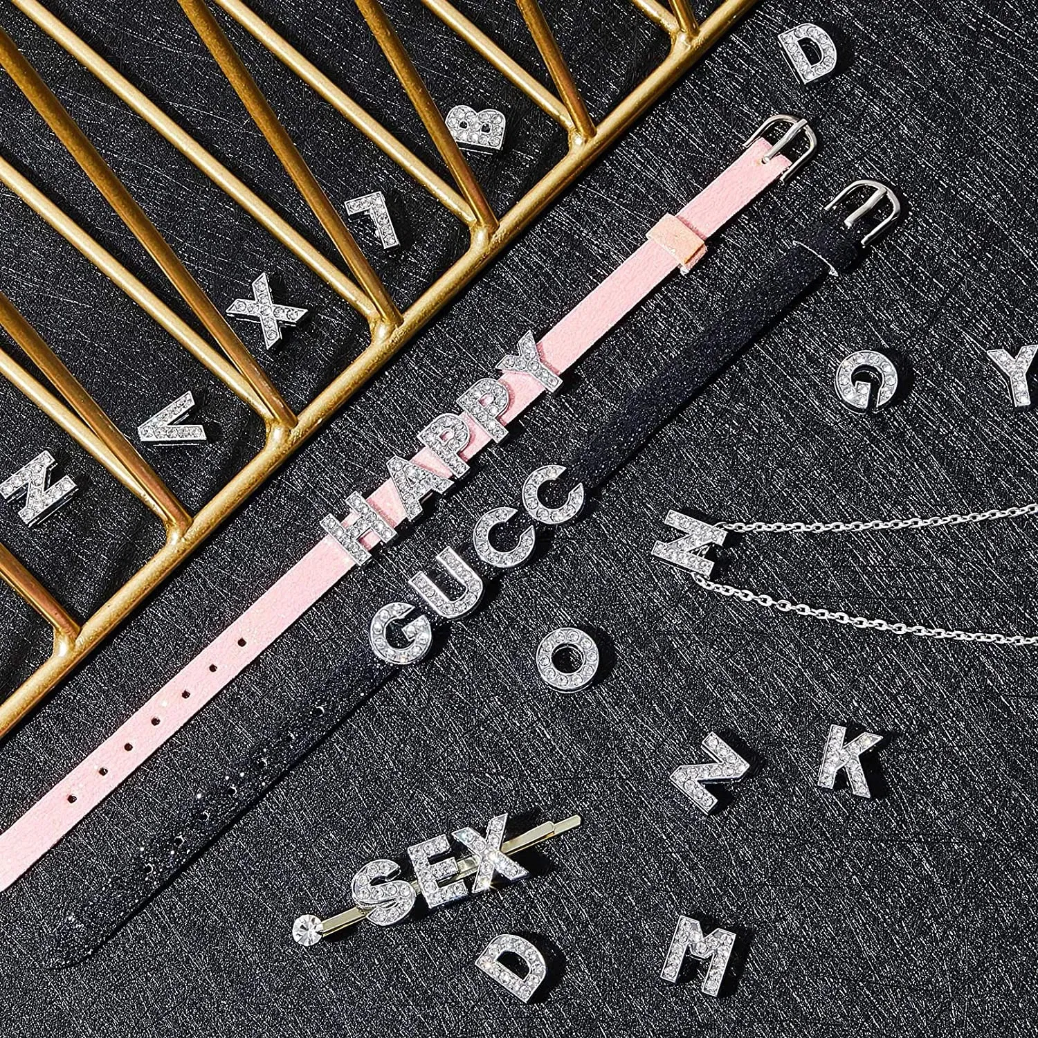 Color: COLOR - Rhinestone Slide Charms Letters For Jewelry Making Women Bracelet 8mm Alphabet A-Z Pet Collar Necklace DIY Accessories Gift
