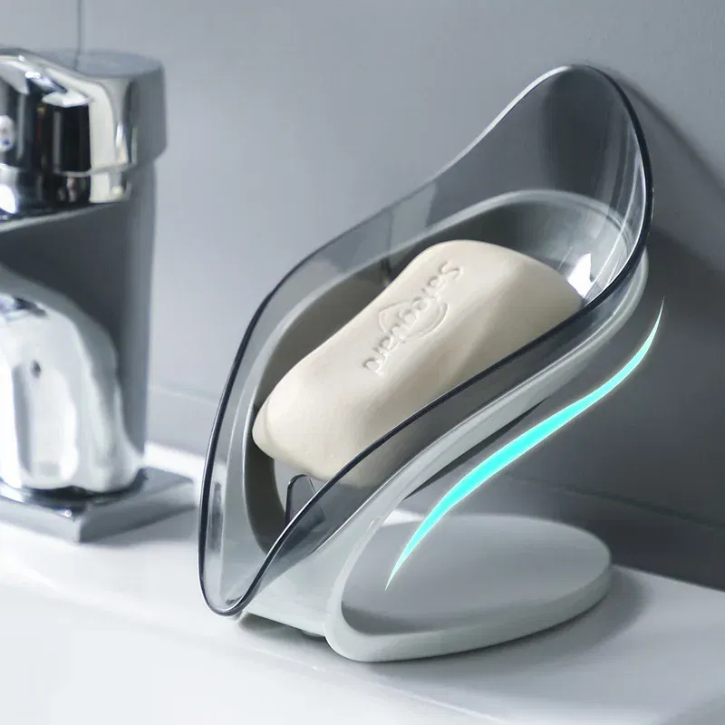 Color: DARK GRAY - Bathroom Soap Holder Leaf Shape Dish Soap Kitchen Sponge Soap Box Storage Non-slip Drain Soap Case Container Bathroom accessorie