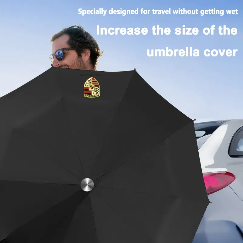 Color Name: WHITE - High-end Car Emblems Folding Sunshade Windproof Umbrella For Porsche Boxster Cayman Cayenne 911 Macan Panamera Auto Accessories