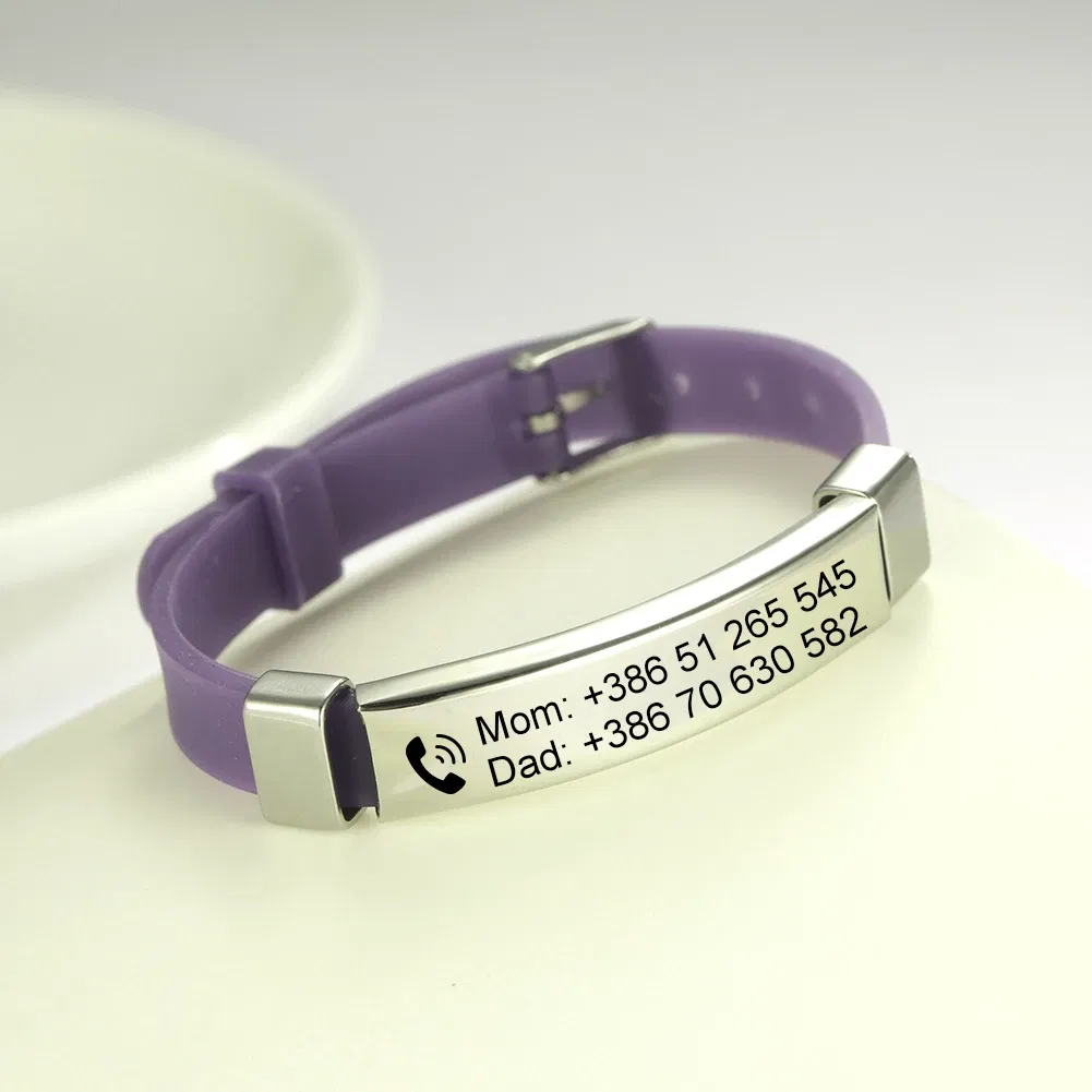 Metal Color: REDDISH BROWN, Length: 17cm - Personalized ID Bracelet Kids Children Adjustable Soft Silicone Stainless Steel Pendant Emergency Name Phone Custom Bracelets