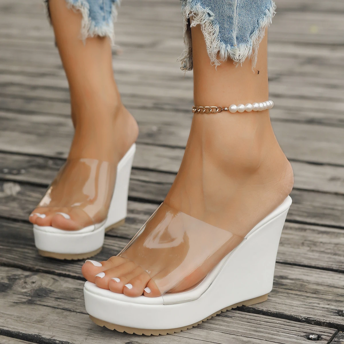 Color: WHITE, Shoe Size: 43 - 2024 Women Sandals New Casual Heels Woman Transparent Platform Wedges Non-slip Shoes Ladies Summer High Heel Large Size 35~43
