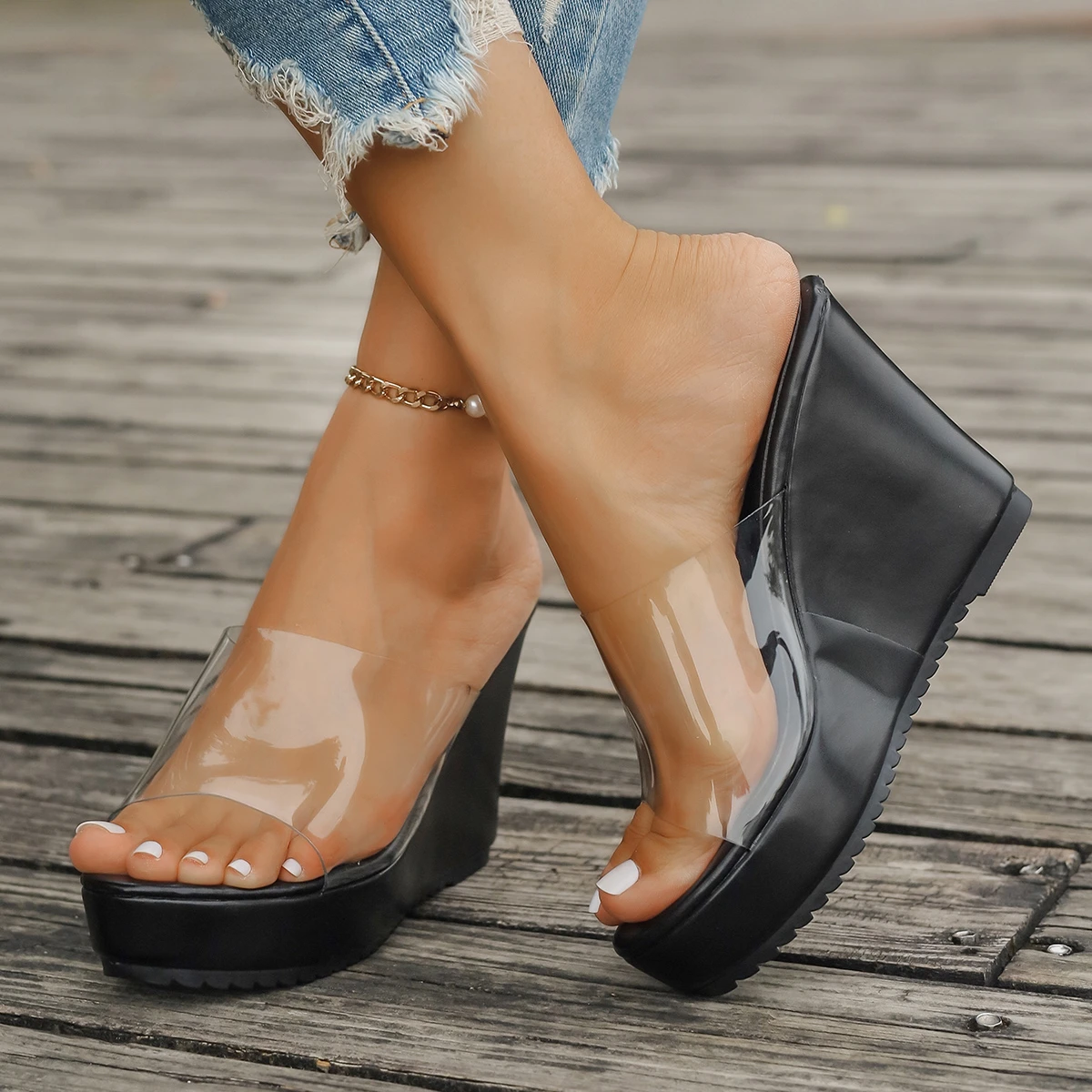 Color: WHITE, Shoe Size: 43 - 2024 Women Sandals New Casual Heels Woman Transparent Platform Wedges Non-slip Shoes Ladies Summer High Heel Large Size 35~43