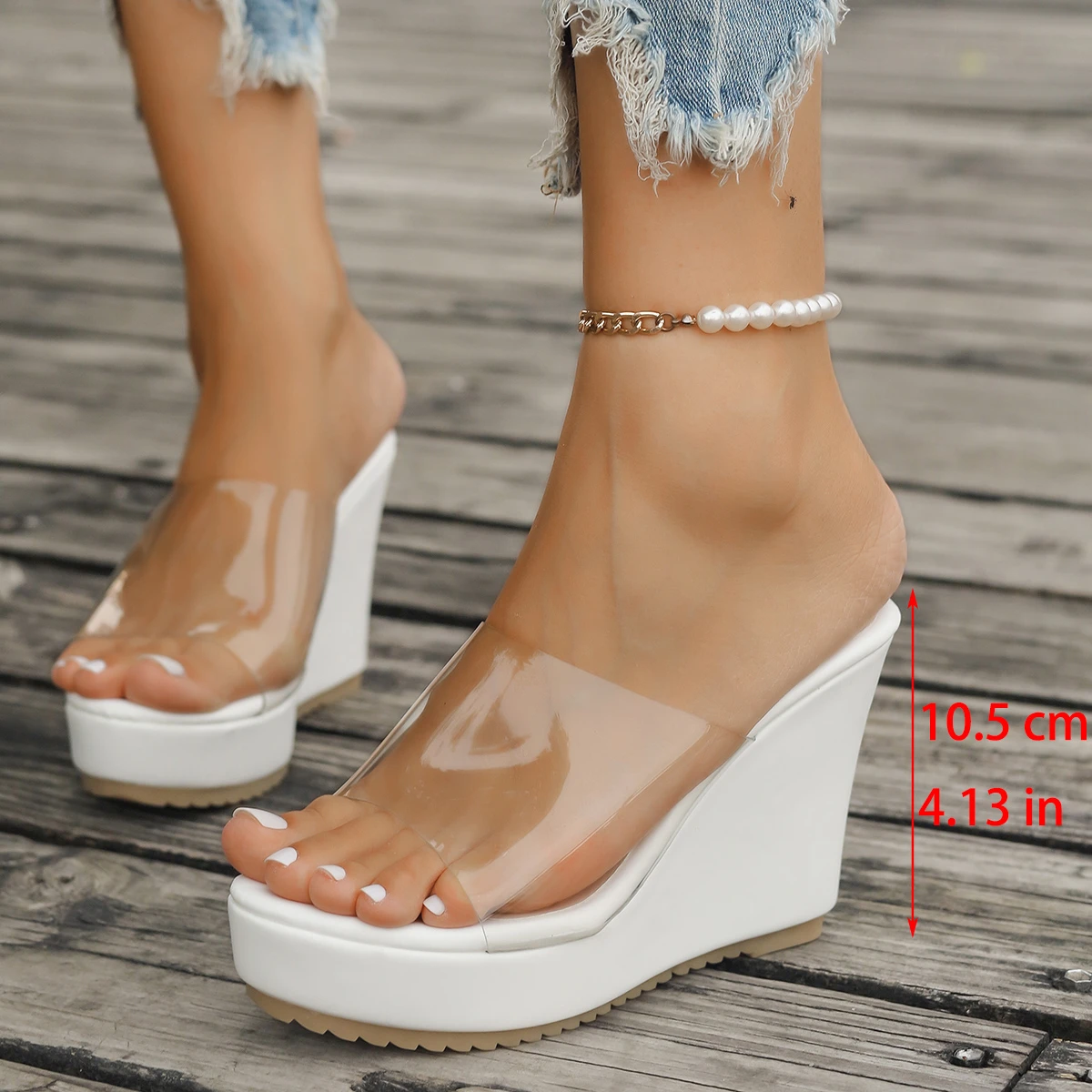 Color: WHITE, Shoe Size: 43 - 2024 Women Sandals New Casual Heels Woman Transparent Platform Wedges Non-slip Shoes Ladies Summer High Heel Large Size 35~43
