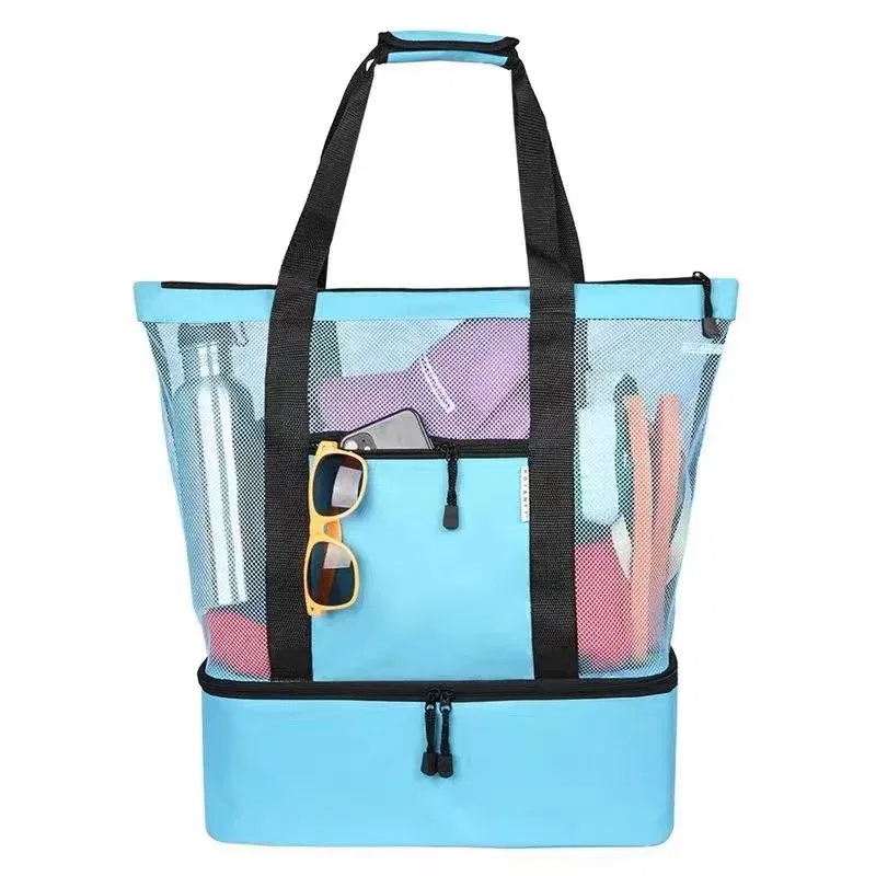 Color: Blue - High Capacity Women Mesh Transparent Bag Double-layer Heat Preservation Large Picnic Beach Bags