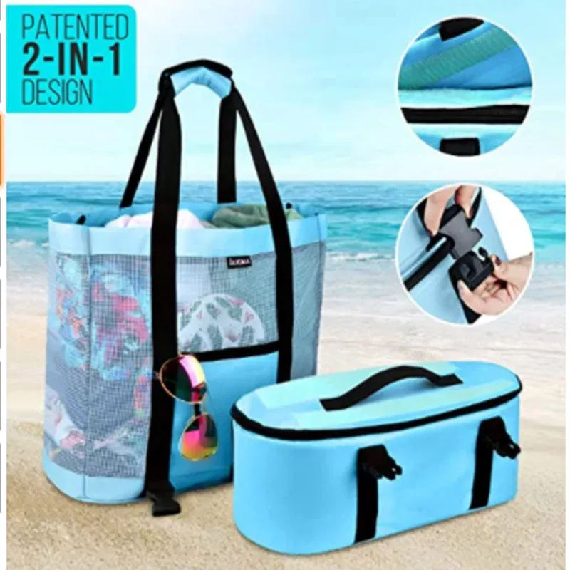 Color: Blue - High Capacity Women Mesh Transparent Bag Double-layer Heat Preservation Large Picnic Beach Bags