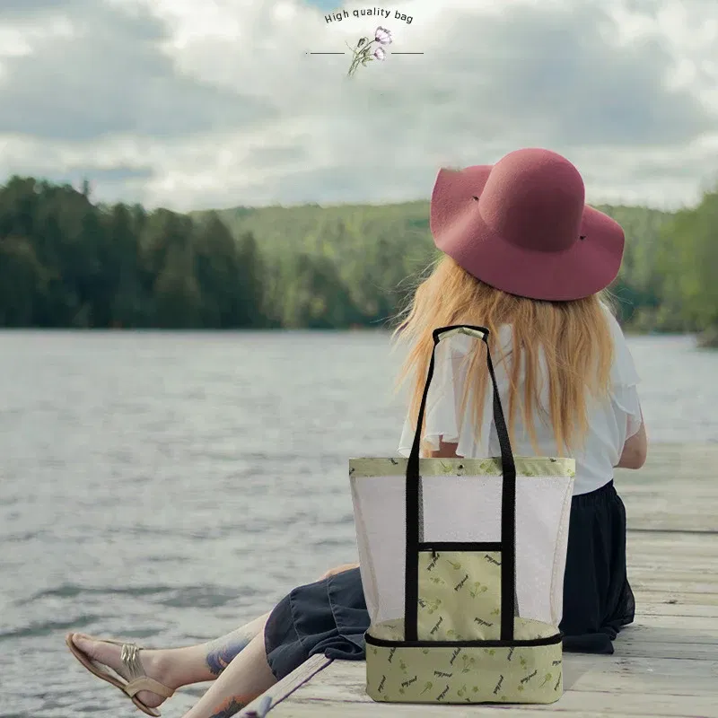 Color: Blue - High Capacity Women Mesh Transparent Bag Double-layer Heat Preservation Large Picnic Beach Bags