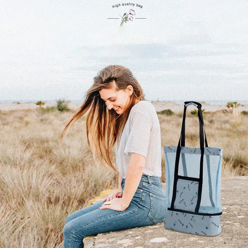 Color: Blue - High Capacity Women Mesh Transparent Bag Double-layer Heat Preservation Large Picnic Beach Bags