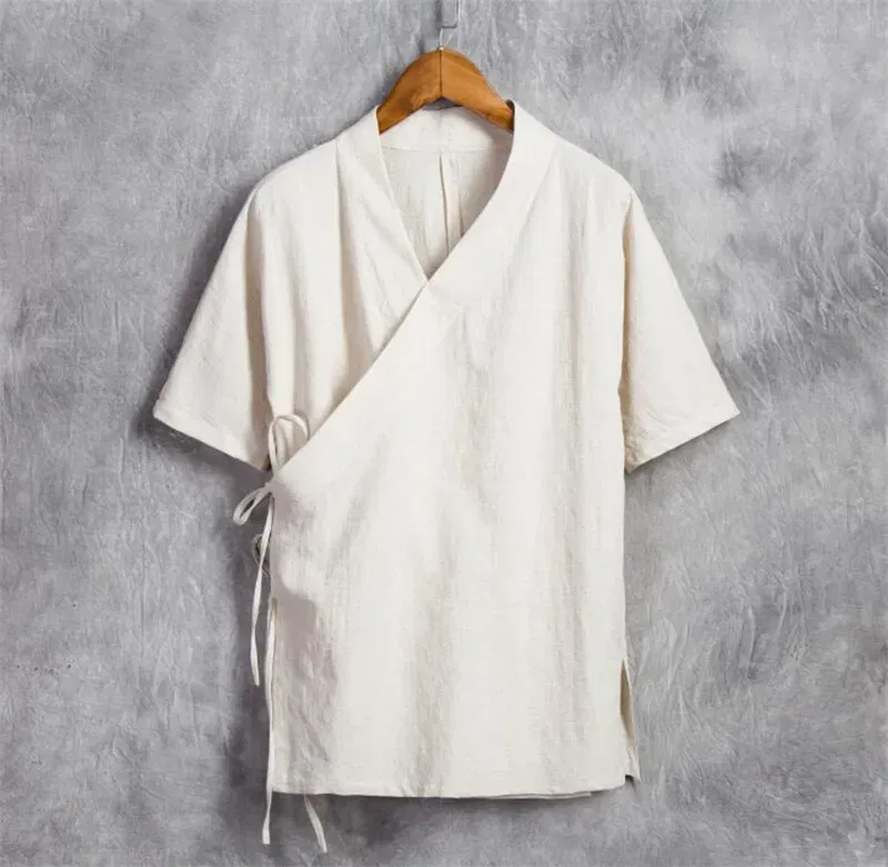 Color: Khaki, Size: XXXL - Men Cotton Linen Short sleeve Kung Fu Shirt Classic Chinese Style Tang Clothing Size M-6XL
