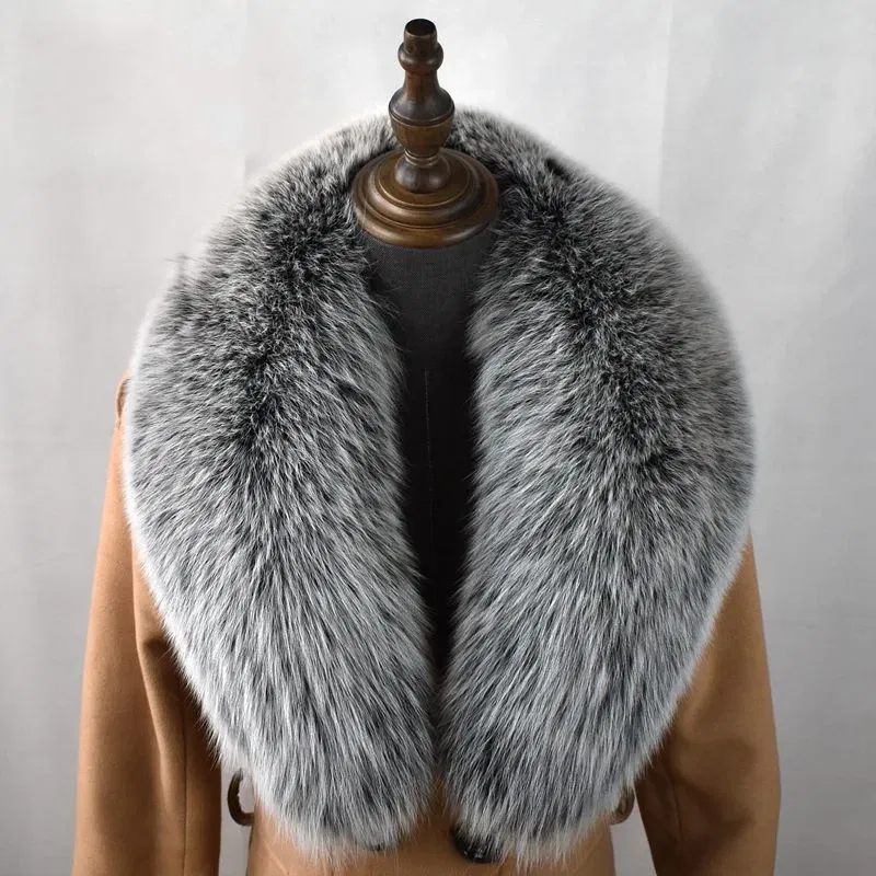 Color: Navy Blue, Size: L - 100% Natural Real Fox Fur Collar For Women Men Coat Jacket Fur Scarf Winter Extra Large Size Neck Warmer Fur Scarf Shawls Wraps