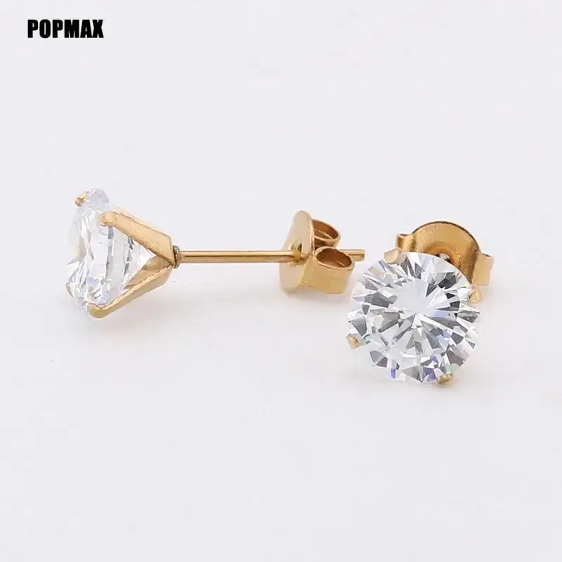 Metal Color: Gold-color, Main Stone Color: Black - POPMAX 1Pairs/2Pcs Stainless Steel Crystal Studs Earrings For Women Men 4 Prong Tragus Round Clear Cubic Zirconia Ear Jewelry