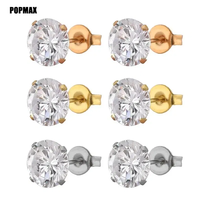 Metal Color: Gold-color, Main Stone Color: Black - POPMAX 1Pairs/2Pcs Stainless Steel Crystal Studs Earrings For Women Men 4 Prong Tragus Round Clear Cubic Zirconia Ear Jewelry