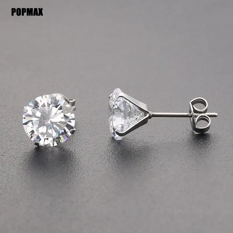 Metal Color: Gold-color, Main Stone Color: Black - POPMAX 1Pairs/2Pcs Stainless Steel Crystal Studs Earrings For Women Men 4 Prong Tragus Round Clear Cubic Zirconia Ear Jewelry