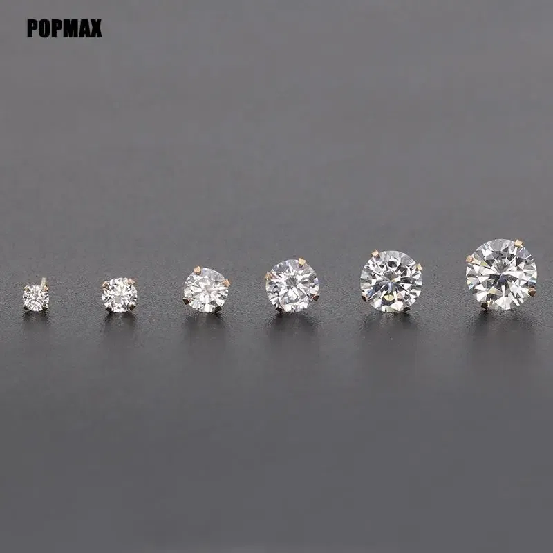 Metal Color: Gold-color, Main Stone Color: Black - POPMAX 1Pairs/2Pcs Stainless Steel Crystal Studs Earrings For Women Men 4 Prong Tragus Round Clear Cubic Zirconia Ear Jewelry