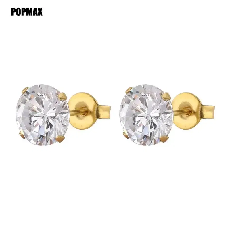 Metal Color: Gold-color, Main Stone Color: Black - POPMAX 1Pairs/2Pcs Stainless Steel Crystal Studs Earrings For Women Men 4 Prong Tragus Round Clear Cubic Zirconia Ear Jewelry