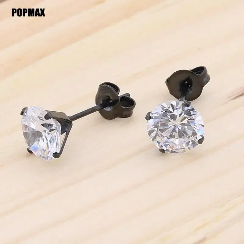 Metal Color: Gold-color, Main Stone Color: Black - POPMAX 1Pairs/2Pcs Stainless Steel Crystal Studs Earrings For Women Men 4 Prong Tragus Round Clear Cubic Zirconia Ear Jewelry