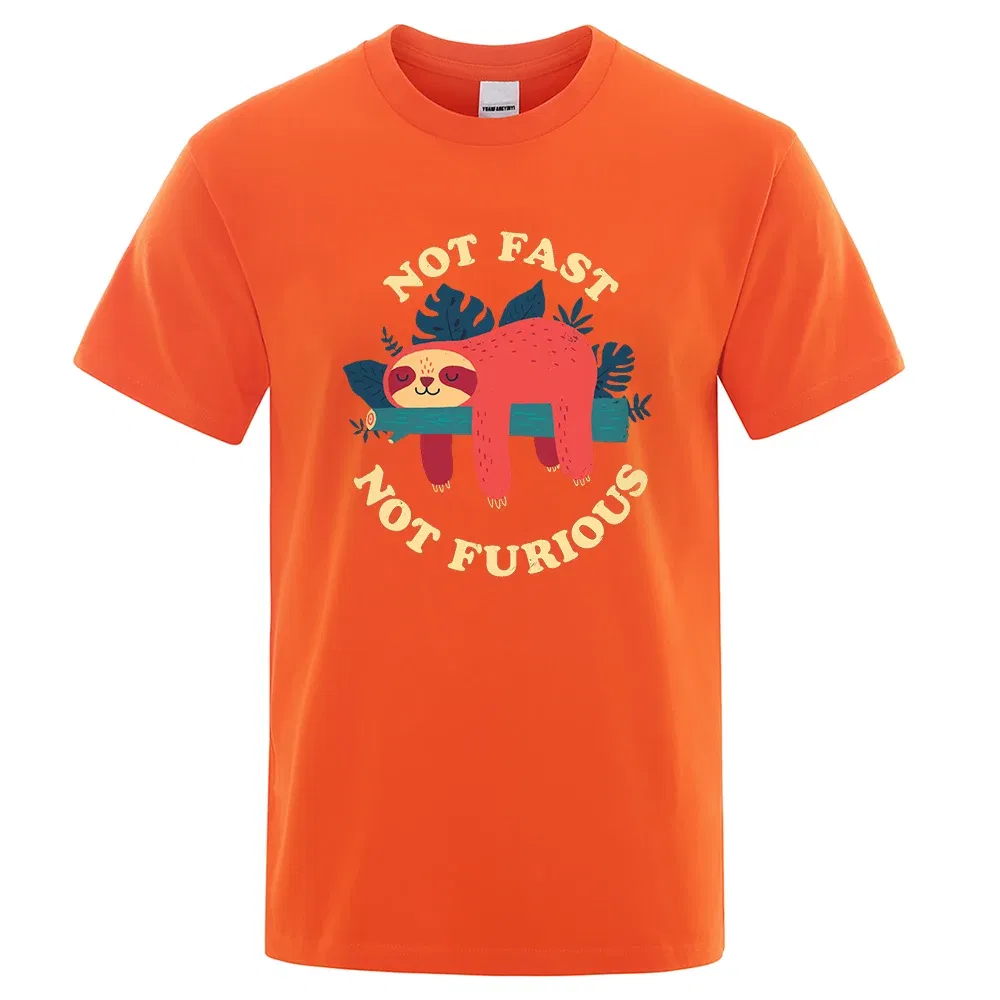 Color: Orange, Size: XL - Not Fast Not Furious Sloth Cute Print Men Tee Shirts Breathable Cotton Tops Street Fashion T-shirt Women Casual Summer T Shirts