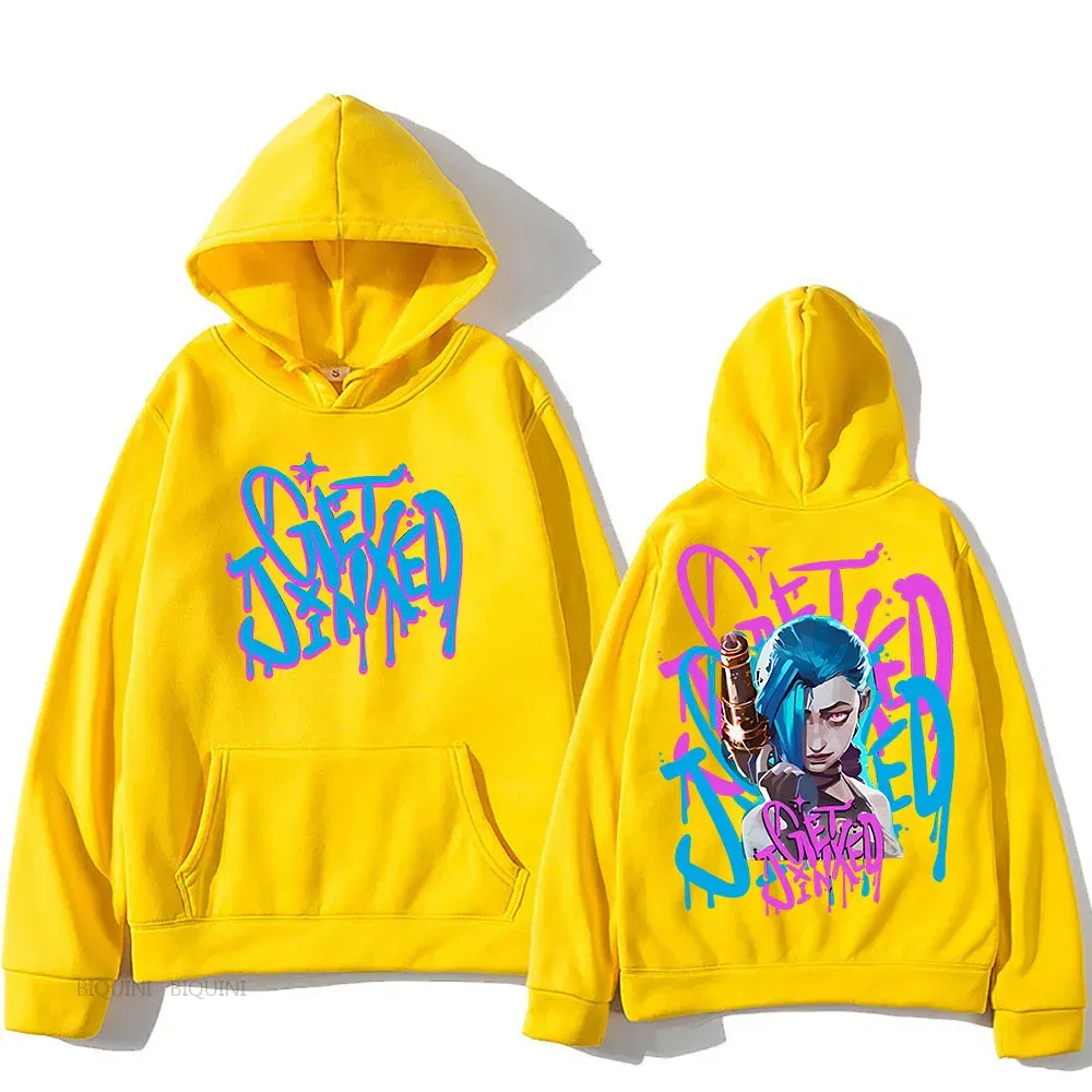 Color: GRAY, Size: L - Arcane Jinx Cute Hooded Anime Print Harajuku Kawaii Sweatshirt Long-sleeved Cartoon Fleece Clothes Moletom Fashion Pullovers