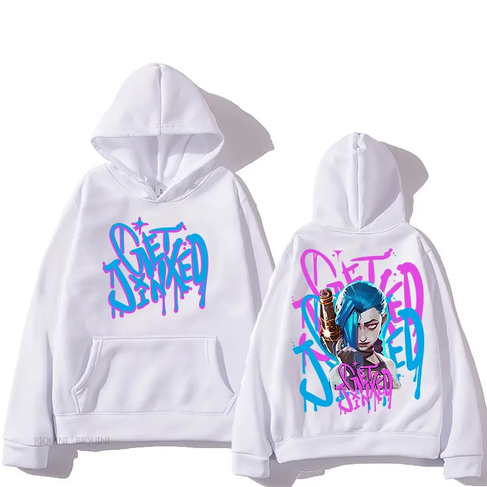 Color: GRAY, Size: L - Arcane Jinx Cute Hooded Anime Print Harajuku Kawaii Sweatshirt Long-sleeved Cartoon Fleece Clothes Moletom Fashion Pullovers