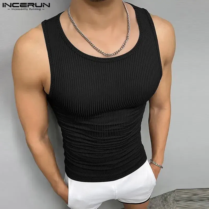 Color: Pink, Size: L - INCERUN Men Tank Tops Solid Color O-neck Sleeveless Streetwear Summer Casual Vests Skinny 2023 Fashion Leisure Men Clothing 5XL