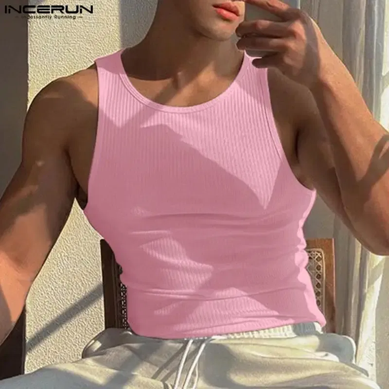 Color: Pink, Size: L - INCERUN Men Tank Tops Solid Color O-neck Sleeveless Streetwear Summer Casual Vests Skinny 2023 Fashion Leisure Men Clothing 5XL