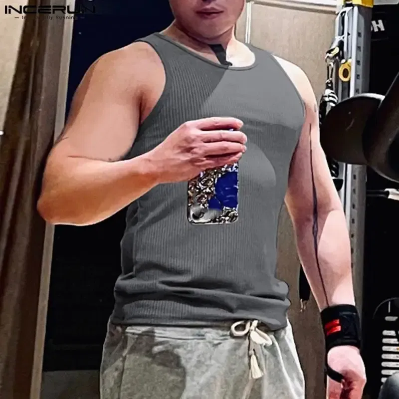 Color: Pink, Size: L - INCERUN Men Tank Tops Solid Color O-neck Sleeveless Streetwear Summer Casual Vests Skinny 2023 Fashion Leisure Men Clothing 5XL