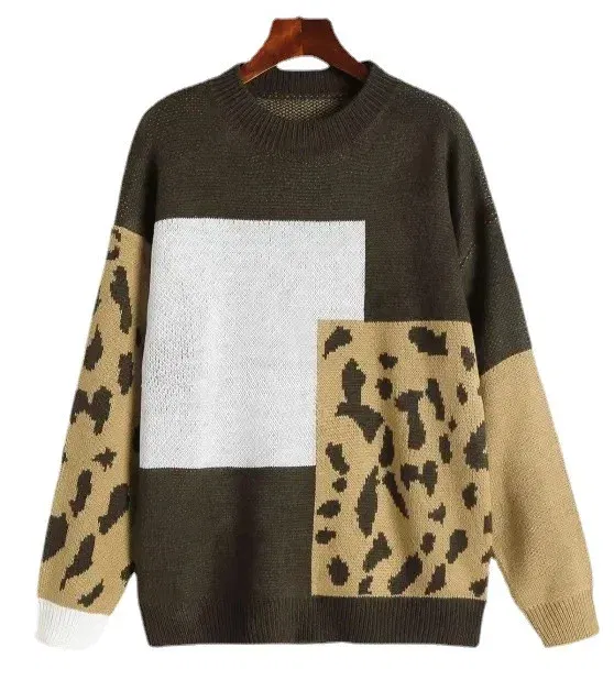 Color: WHITE, Size: One Size - Women Y2k O-Neck Crochet Kintted Sweater Leopard Loose Top E-girl Pullovers Spring Autumn Winter Jumper Sueter Streetwear