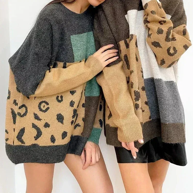 Color: WHITE, Size: One Size - Women Y2k O-Neck Crochet Kintted Sweater Leopard Loose Top E-girl Pullovers Spring Autumn Winter Jumper Sueter Streetwear