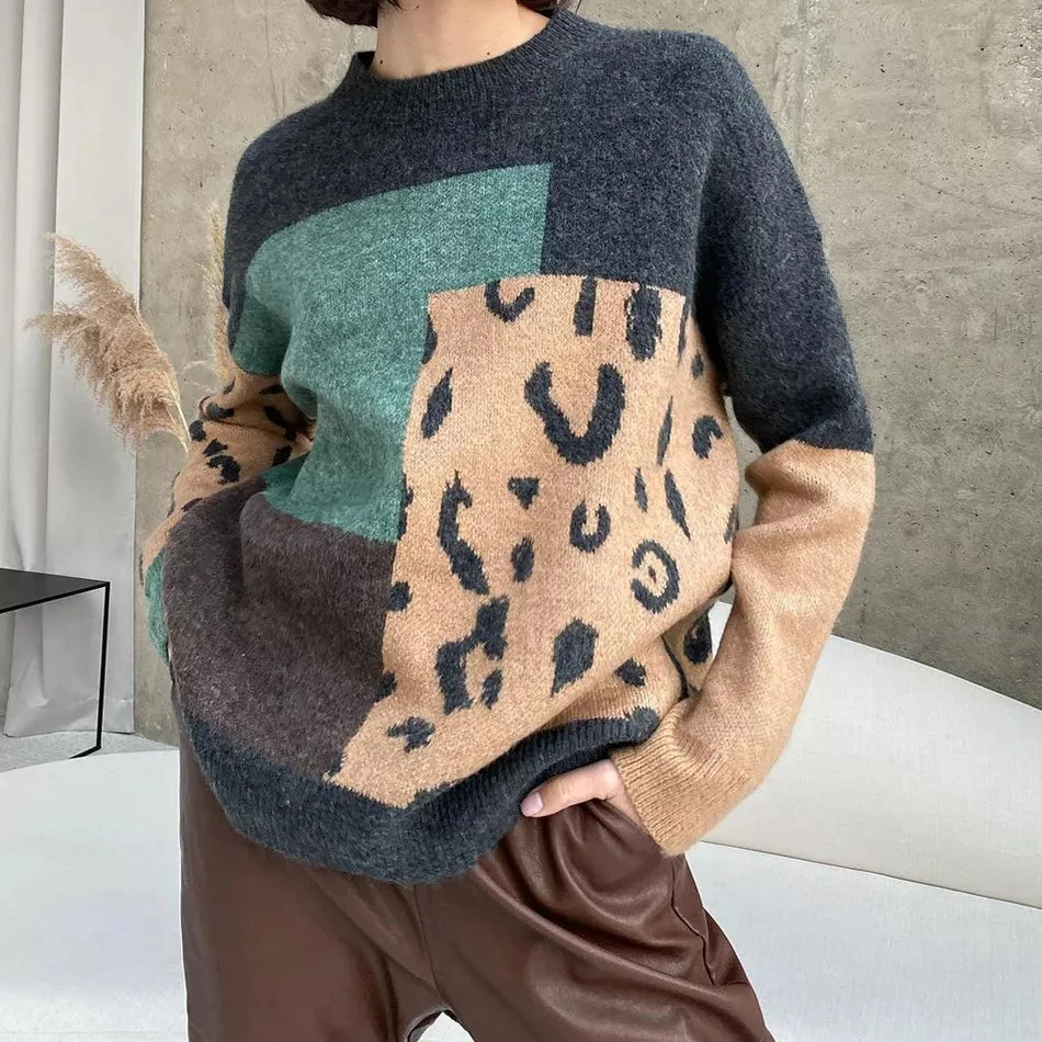 Color: WHITE, Size: One Size - Women Y2k O-Neck Crochet Kintted Sweater Leopard Loose Top E-girl Pullovers Spring Autumn Winter Jumper Sueter Streetwear