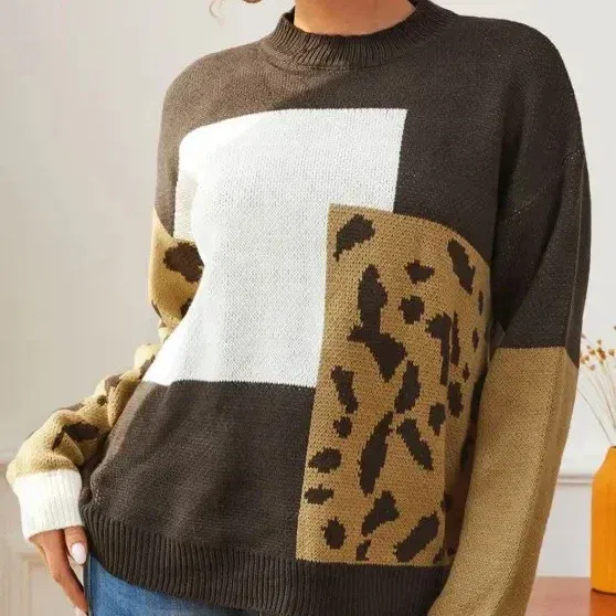 Color: WHITE, Size: One Size - Women Y2k O-Neck Crochet Kintted Sweater Leopard Loose Top E-girl Pullovers Spring Autumn Winter Jumper Sueter Streetwear