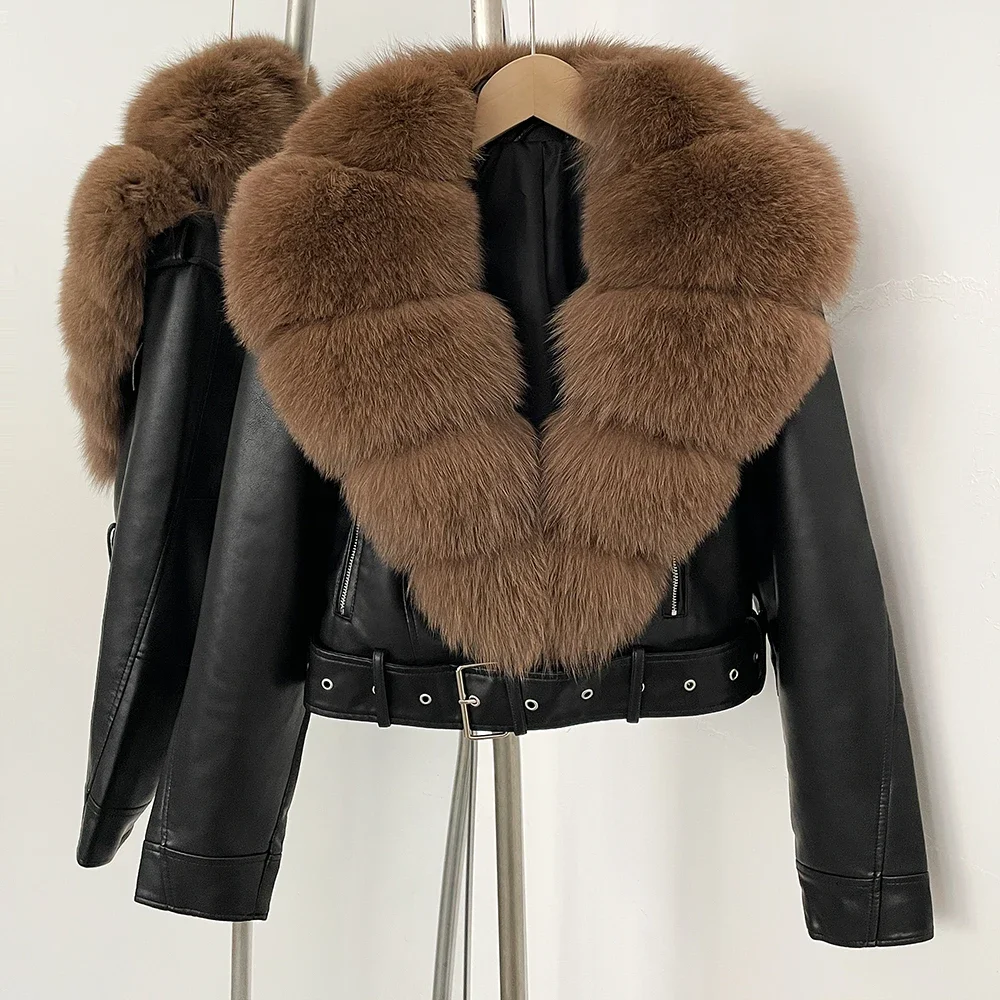 Color: Beige, Size: XL - Fake Leather Coat New Natural Fox Fur Autumn Short Faux Leather Jacket Female Spring PU Women Long Sleeve Real Fur Coat Thin