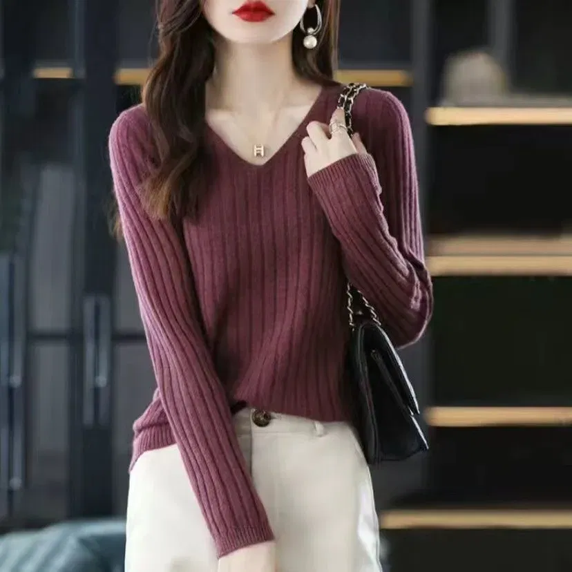 Color: Burgundy, Size: M - Women Sweater Long Sleeve Top Knitted Pullover V-Neck Fashion Sweater Woman Winter Basic Female Clothing Soild OL Sweater DF4933
