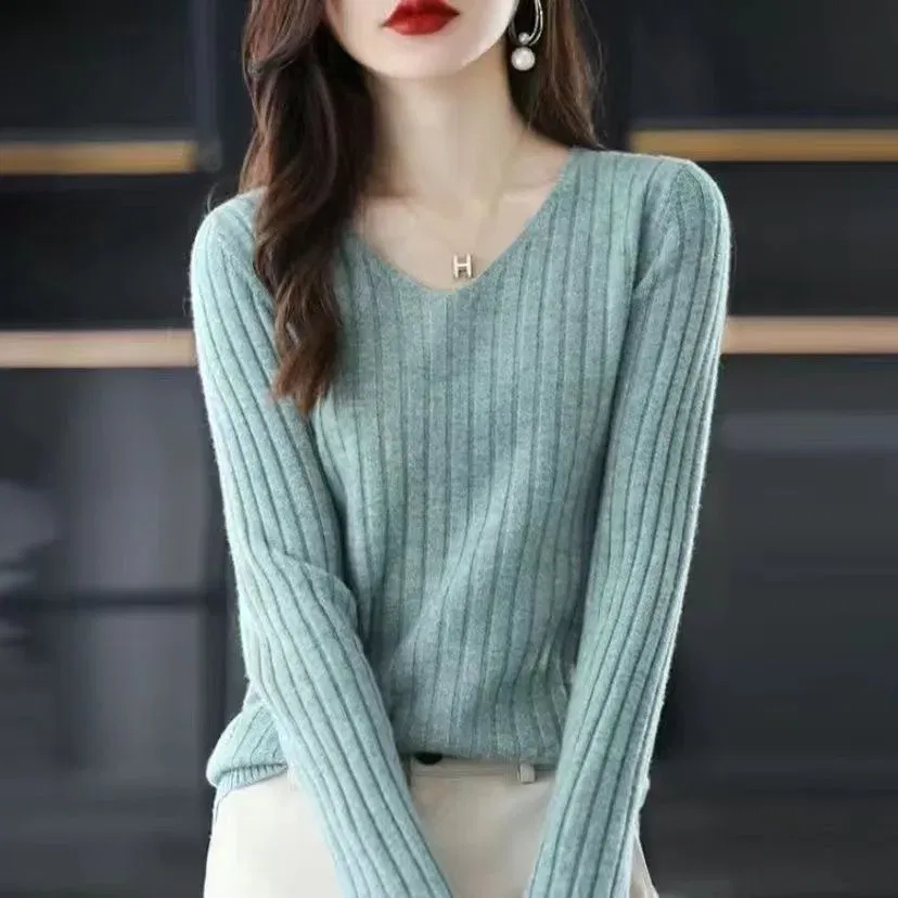 Color: Burgundy, Size: M - Women Sweater Long Sleeve Top Knitted Pullover V-Neck Fashion Sweater Woman Winter Basic Female Clothing Soild OL Sweater DF4933