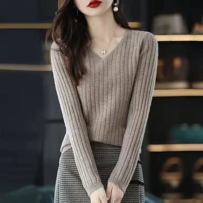 Color: Burgundy, Size: M - Women Sweater Long Sleeve Top Knitted Pullover V-Neck Fashion Sweater Woman Winter Basic Female Clothing Soild OL Sweater DF4933