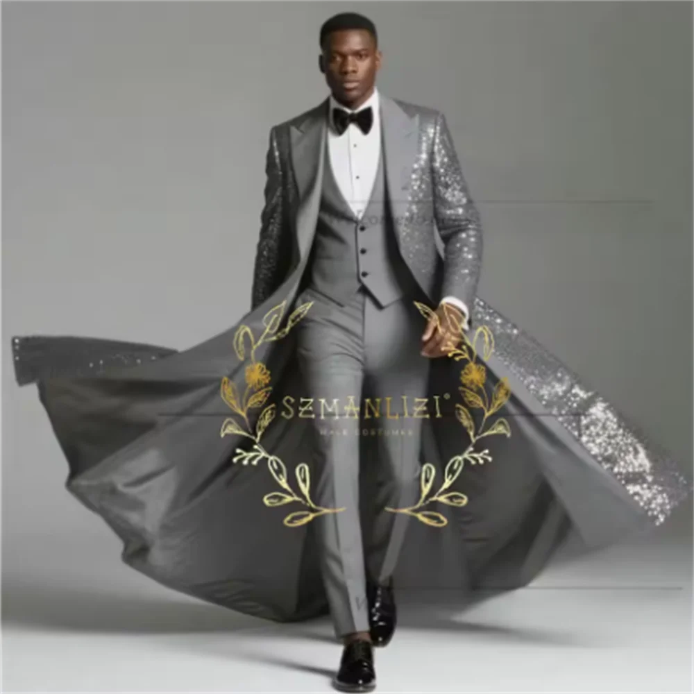 Color: Pink, Size: XXXL - Burgundy Shiny Sequin Suits Men 3 Pieces Sets Single Breasted Groom Long Blazer Costume Homme Wedding Tuxedo Male Clothing