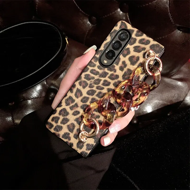 Color: Beige, Material: ABS - Luxury Leopard Print PU Leather Phone Case For Samsung Galaxy ZFold 5 Z Fold 4 Z Fold 3 5G Cover with Wrist Strap for Woman Girl