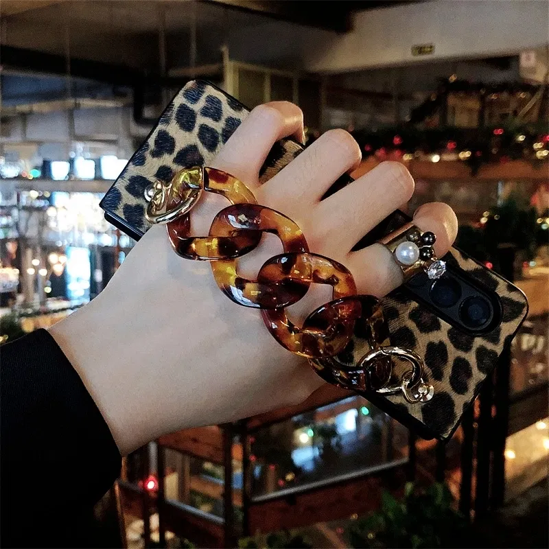Color: Beige, Material: ABS - Luxury Leopard Print PU Leather Phone Case For Samsung Galaxy ZFold 5 Z Fold 4 Z Fold 3 5G Cover with Wrist Strap for Woman Girl