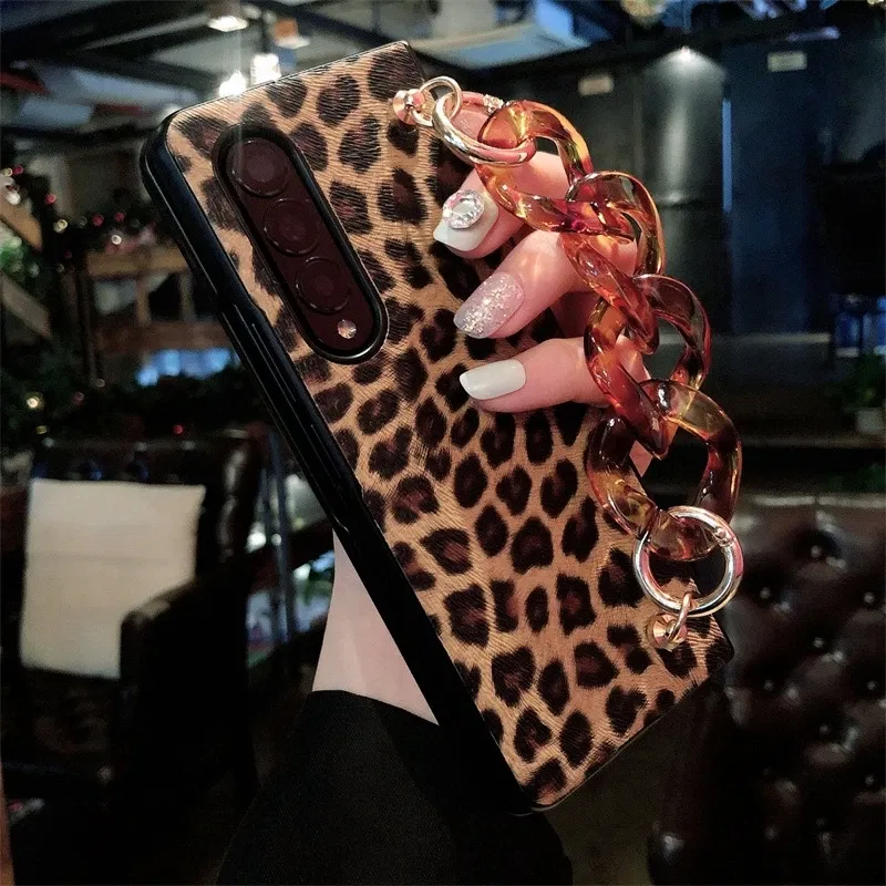 Color: Beige, Material: ABS - Luxury Leopard Print PU Leather Phone Case For Samsung Galaxy ZFold 5 Z Fold 4 Z Fold 3 5G Cover with Wrist Strap for Woman Girl