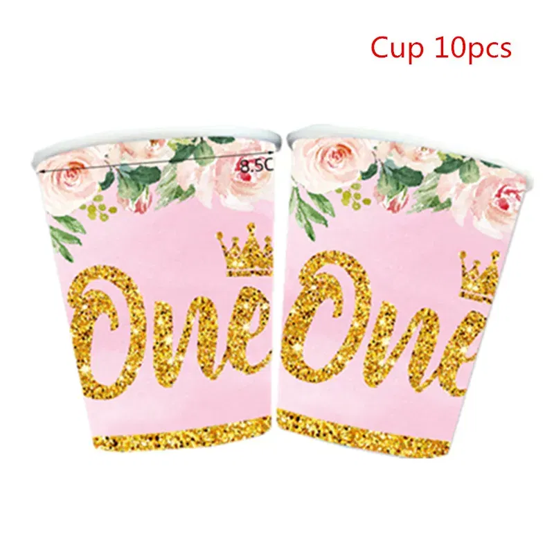 Color: Light Grey - Girls One First Happy Birthday Disposable Tableware  Pink Plate Napkins Cup Hat for Baby Shower 1 Year Old Birthday Party Deco