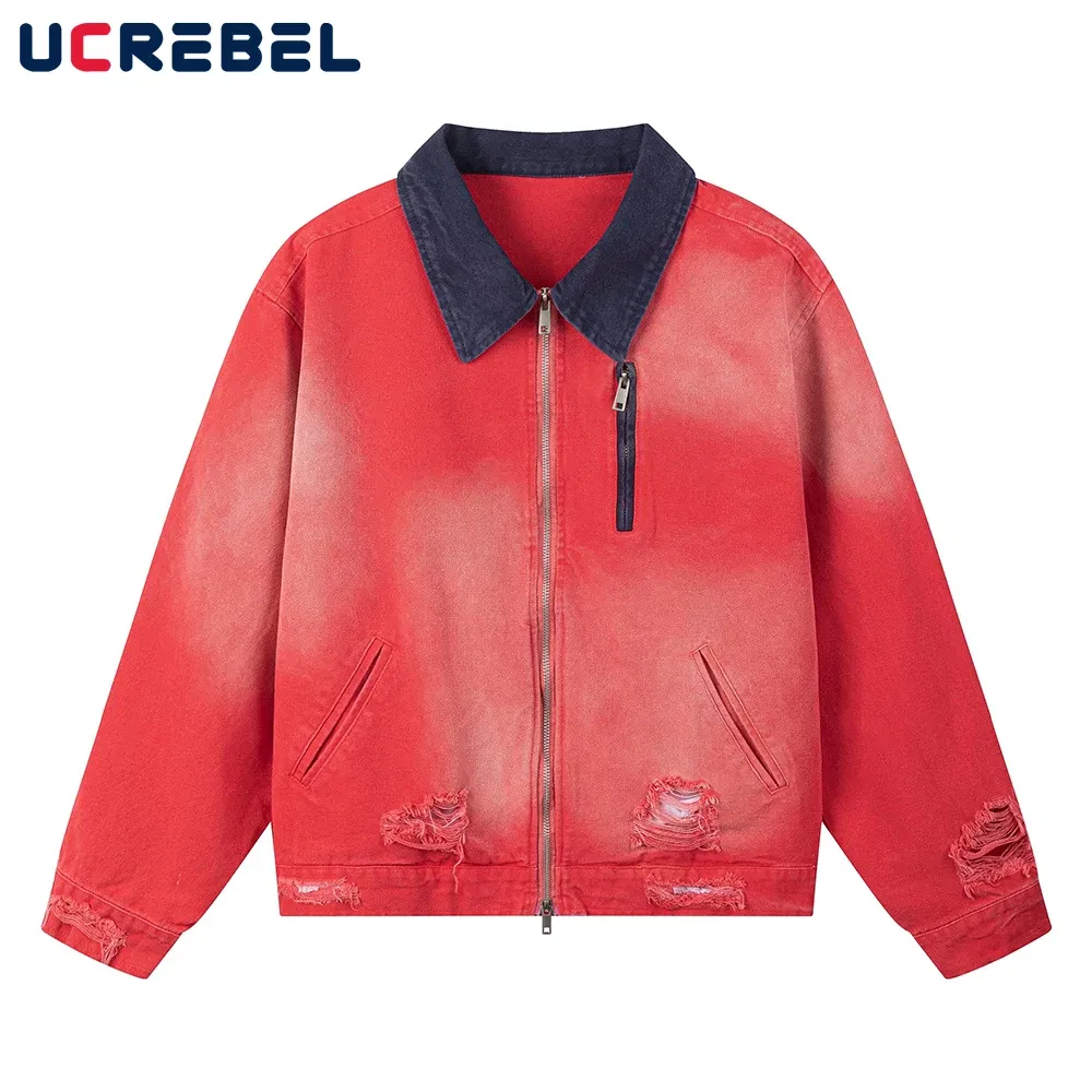 Color: Blue, Size: XL - Color Block Cargo Jacket Mens Ripped Spring Retro High Street Loose Lapel Long Sleeve Outerwear Men