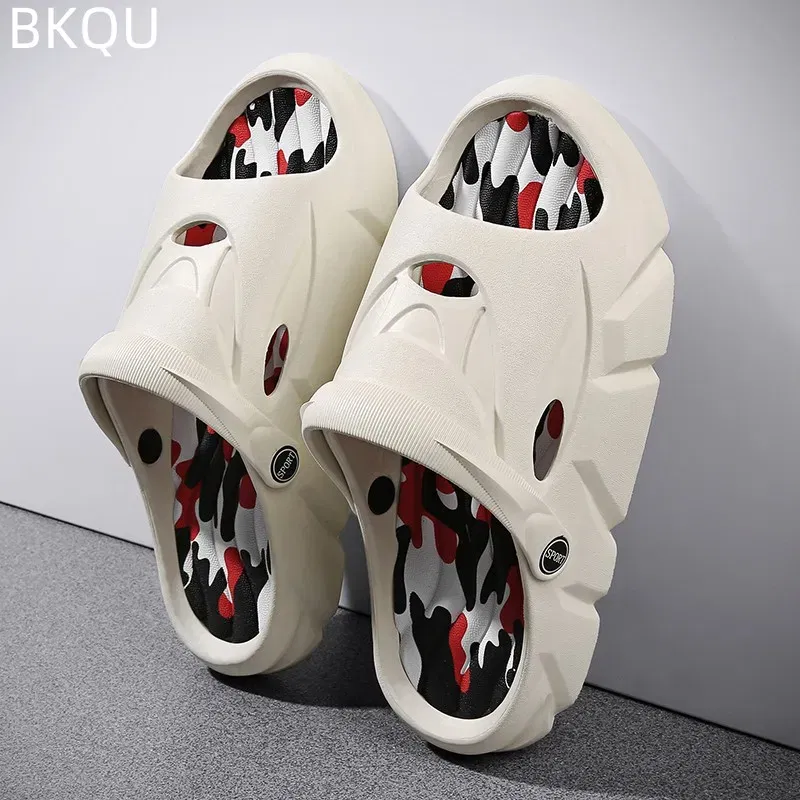 Color: Beige, Shoe Size: 43 - Men's Beach Slippers Round Toe Lightweight Flat Bottom Waterproof Comfortable Trend Versatile Breathable Non-slip Large Size