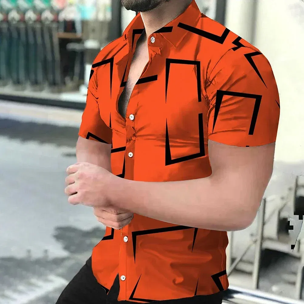 Color: Gold, Size: 4XL - 3D Men's Striped Printed Short Sleeve Shirt, Fashionable And Casual Loose Shirt, 2023 New Style.