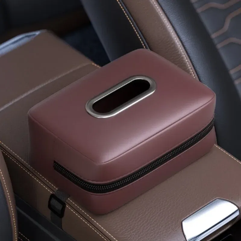 Color Name: Red - 1pc PU Leather Car Tissue Box - Elegant Stitching, Durable Armrest Organizer, Compact Design, Efficient Space Use