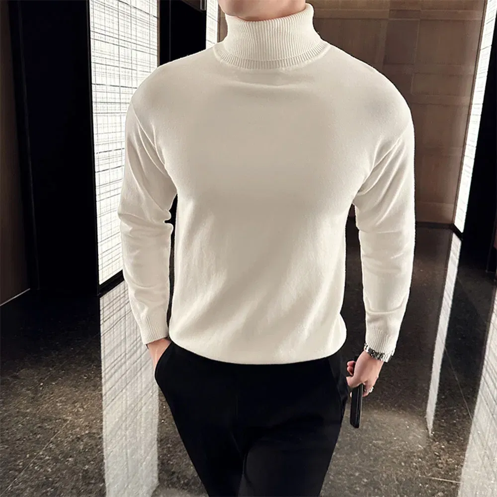 Color: Red, Size: 4XL - Korean Fashion Autumn Winter Sweaters Men Pullovers Fleece Turtleneck Knitted Sweatshirt Warm Bottoming Shirts