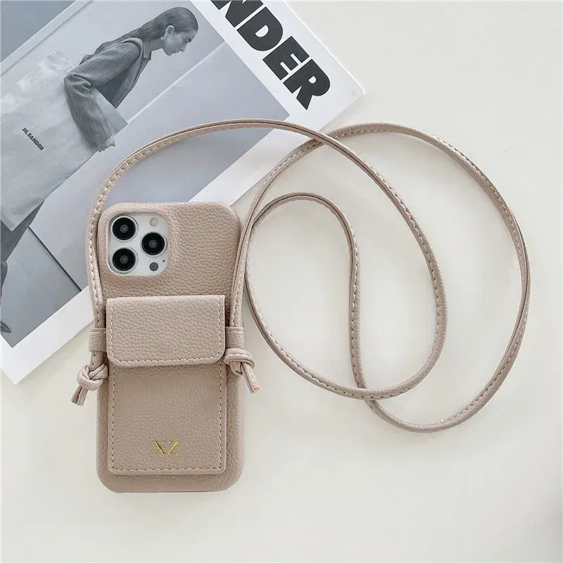 Color: Khaki, Material: Plastic - Personalized Gold Silver Letters Leather PU Card Holder Lanyard Hard Case For iPhone 14 13 12 11 15 Pro Max XS XR 16  Plus Cover