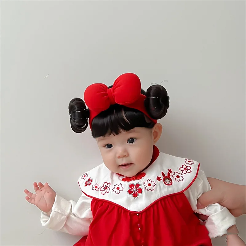 Color: Yellow - New Year Hair Accessories Cute Bow Baby Girl Wig Hat Hairpiece Christmas Newborn Children Kids Girls Cosplay Headbands Headwear