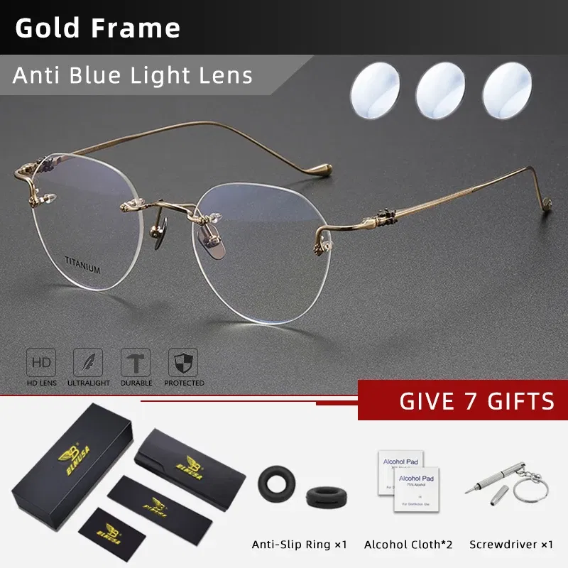 Frame Color: Khaki, Eye Prescription: +275 - BLMUSA Pure Titanium Rimless Anti-blue Light Reading Glasses for Men Round Photochromic Optical Prescription with MR-8 lens