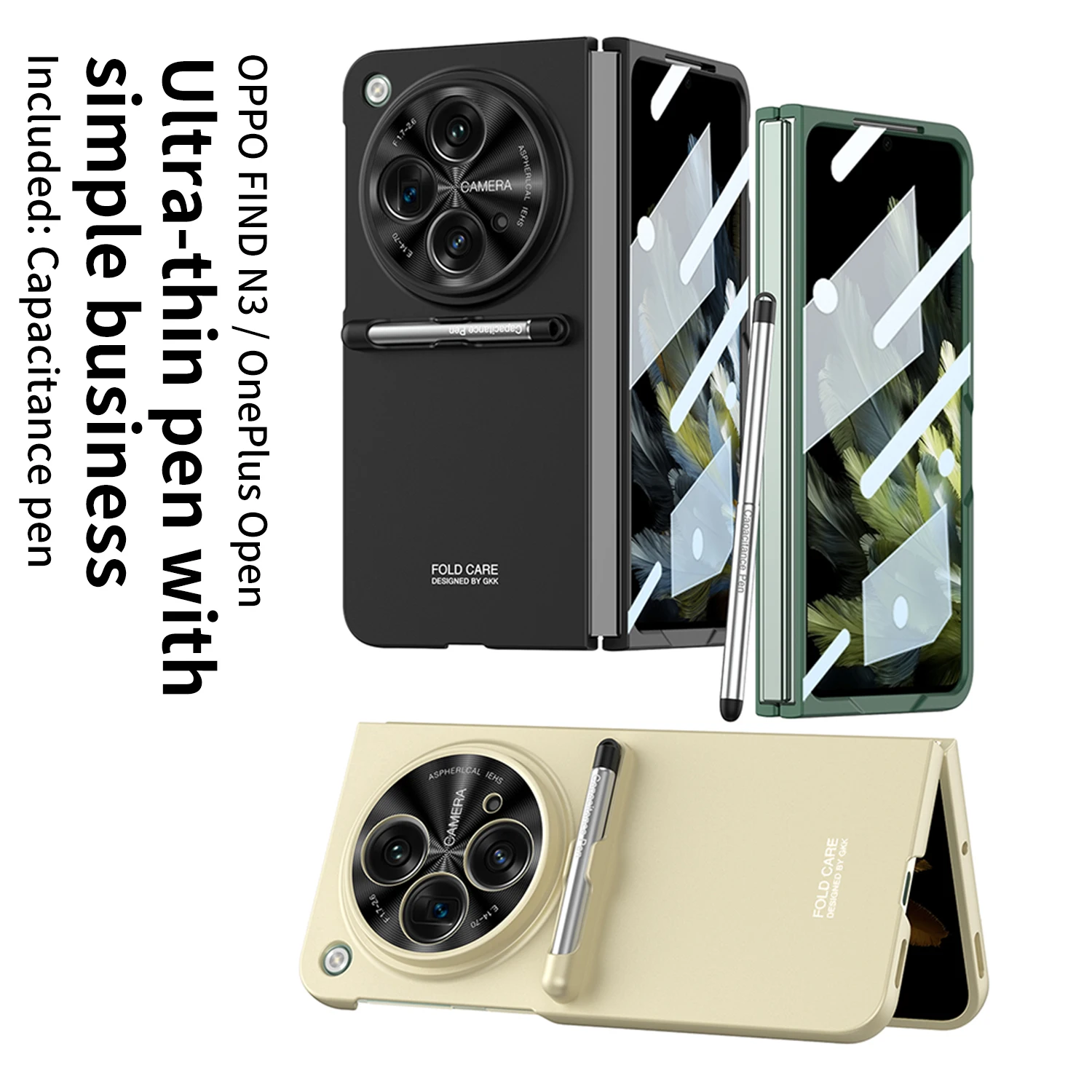 Color: light green, Bundle: Case & Strap, Material: Plastic - With Pen For Oneplus Open Case Matte Hard Glass Film Screen Protection OPPO Find N3 Cover